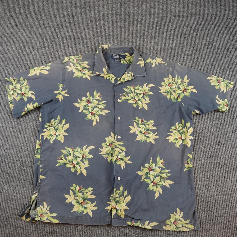 Vintage Polo Ralph Lauren Shirt Mens XL Blue Hawaiian Loop Collar Clayton Camp